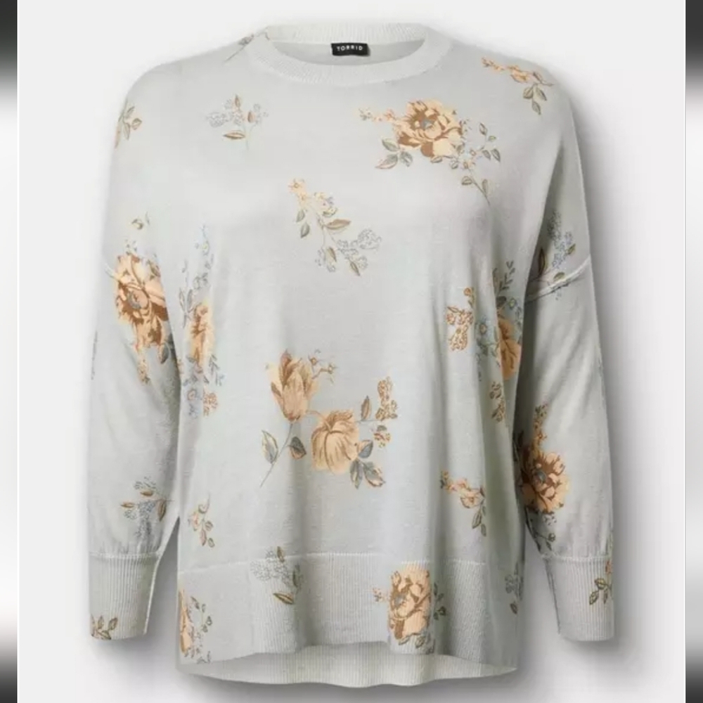 torrid Light Blue Floral Crewneck Sweater with Yellow Tan Roses